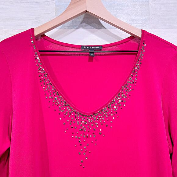 EILEEN FISHER 100% Silk Sequin Beaded Longline Top Red 3/4 Sleeve Womens Medium - Picture 2 of 5